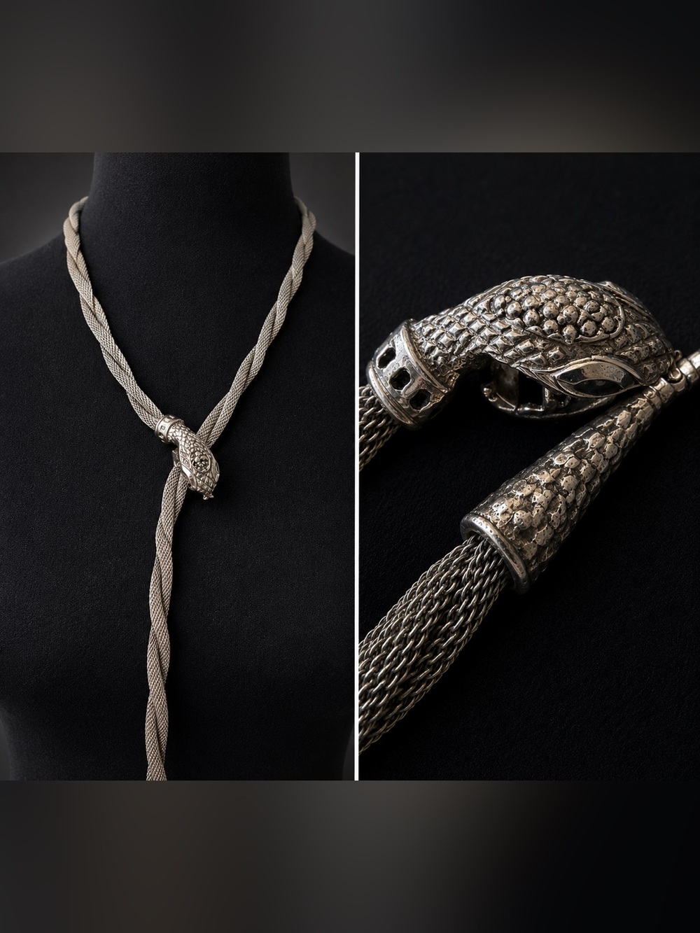 Upcycled vintage silver metal mesh snake belt necklace 40”